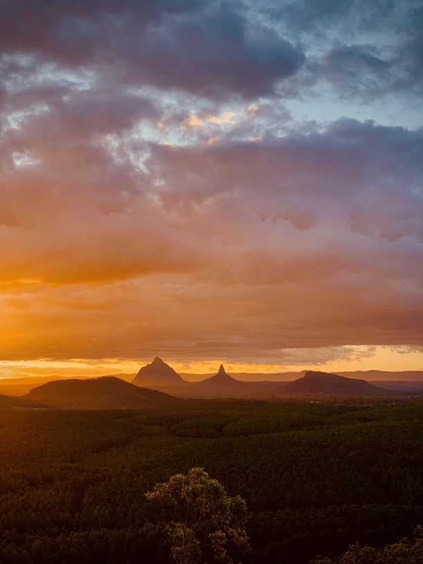 Sunset with the view of glasshouse mountains tallest one is over meters near Sunshine Coast  IG ZakShots
