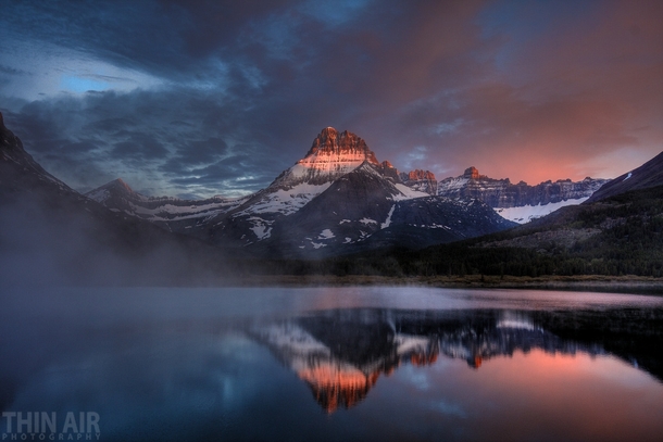 Swiftcurrent Lake Misty Dawn Glacier National Park - Shot from the balcony of the hotel 