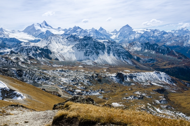 Switzerland has  different peaks called Rothorn red peak the summit of this one gives a view of the Weisshorn Matterhorn and Dent Blanche from m above the valley Agarn VS 