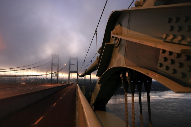 Tacoma Narrows Bridge foggy morning 