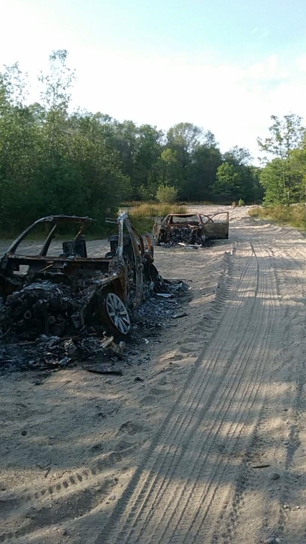 Terrible quality but two burned and abandoned cars in the woods behind my old house