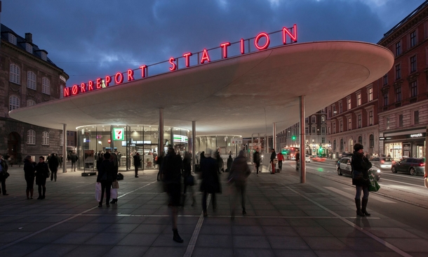 The above-ground entrance hall for the subterranean Nrreport Station Indre By Copenhagen The station is the busiest in Denmark serving  passengers daily 