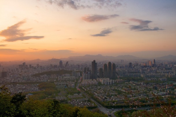 The affluent Gangnam district and beyond the rest of Seoul just before sunset seen from the peak of Mt Guryongsan 