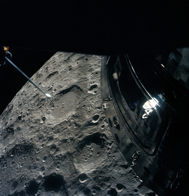 The Apollo crew photographed the Moon out of the Lunar Module overhead