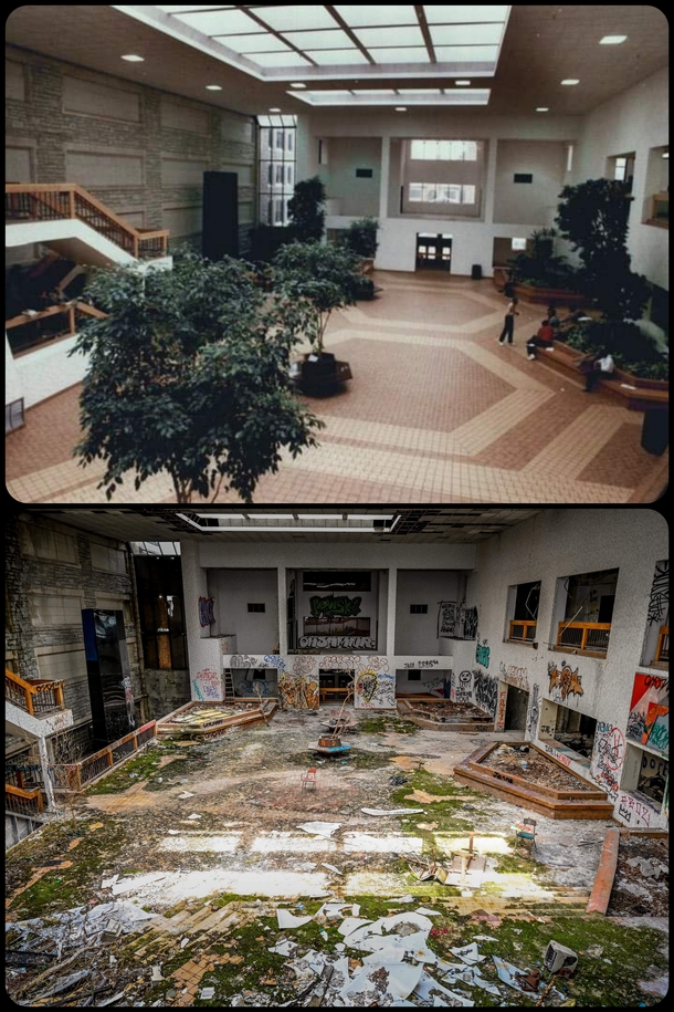 The atrium area of a community College when it was still active compared to this past weekend