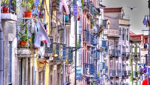 The balconies of picturesque Bairro Alto in Lisbon Portugal