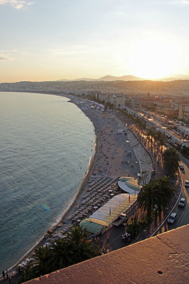 The beachfront of Nice France at sunset 