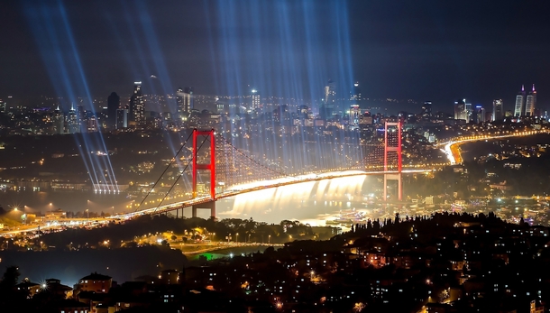 The Bosphorus Bridge and Istanbul Turkey This bridge constructed in  spans the Bosphorus strait connecting Asia and Europe  by mer Ycel x-post rTurkeyPics