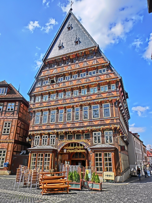 The Butchers Guild Hall in Hildesheim Germany Originally built in  the half-timbered building was destroyed during ww and then rebuilt in 