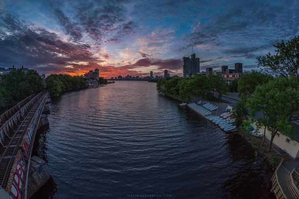 The Charles River leading into dawn in Boston 