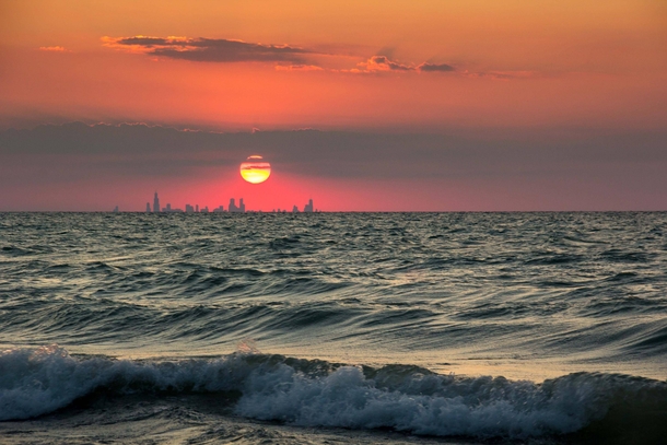 The Chicago skyline from a beach in Indiana 