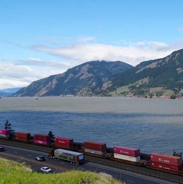 The Columbia River Rail lines on both banks Interstate  barge traffic on the river and  Hydroelectric dams throughout Oregon Washington and British Columbia