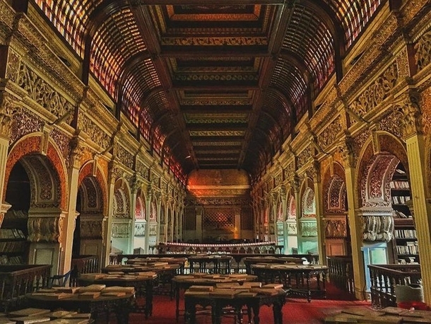 The Connemara Public Library in Chennai India was established in  as the first free public library of the Madras Presidency amp is a fusion of architectural styles Gothic-Byzantine Rajput Mughal and Southern Hindu Deccani