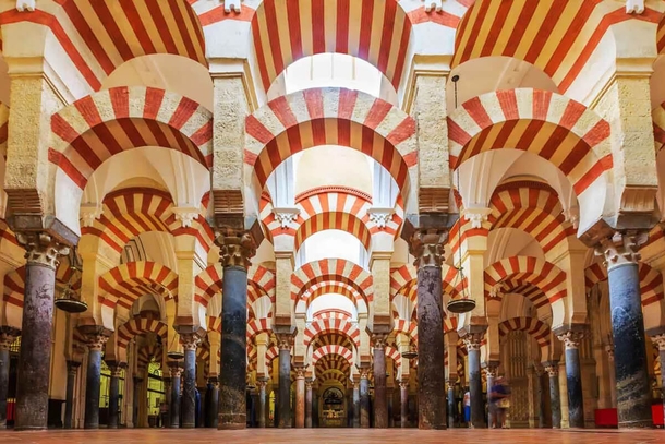 The double arches of the prayer hall in the Great Mosque of Crdoba Spain