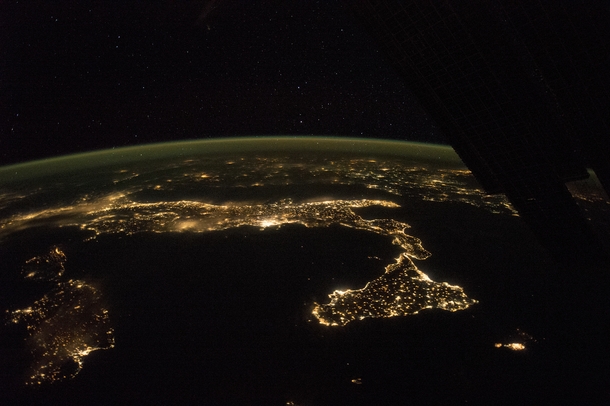 The easily recognized boot of Italy and the Balkans at night photographed from ISS 