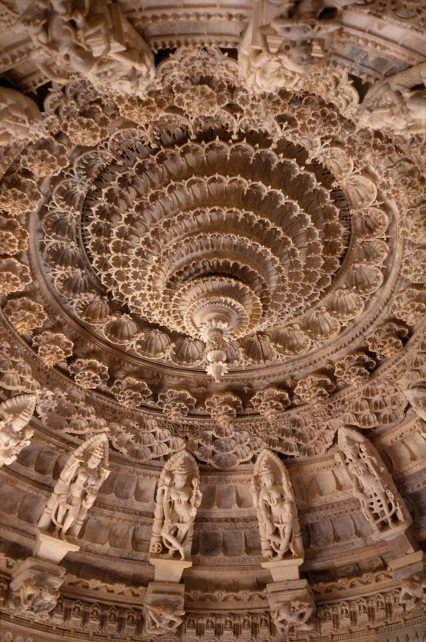 The exquisitely carved dome of Luna Vasahi a th century Jain temple built entirely of white marble Located in Rajasthan India
