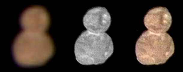 The first color image of Ultima Thule taken at a distance of  km at  UT on January   