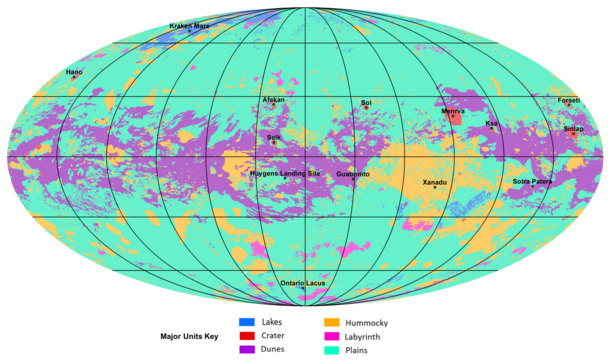 The first global geologic map of Titan Saturns largest Moon is based on radar and visible-light images from NASAs Cassini mission which orbited Saturn from  to  Labels point to several of the named surface features Credit NASAJPL-CaltechASU