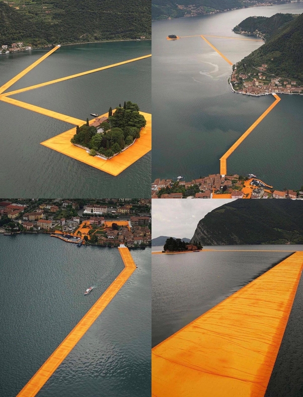 The Floating Piers was a temporary site-specific work of art by Christo and Jeanne-Claude consisting of  square meters of yellow fabric carried by a modular floating dock system of  high-density polyethylene cubes installed in  at Lake Iseo near Brescia I