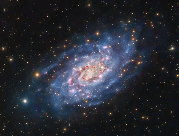 The flocculent spiral galaxy NGC  lies  million light-years away in the constellation Camelopardalis the Giraffe The term flocculent here means that its arms seem soft like tufts of wool