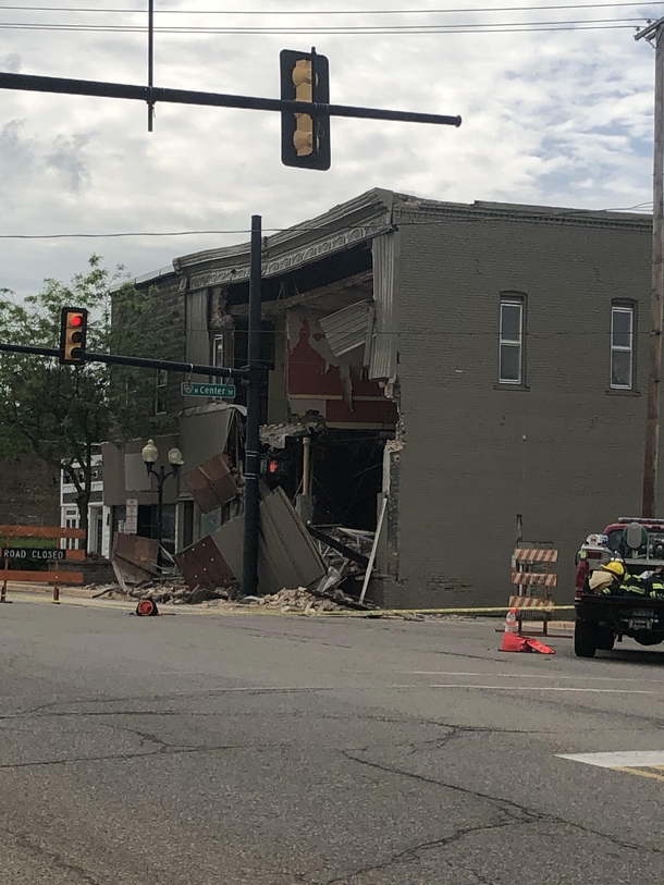 The front of this long abandoned building in my town collapsed