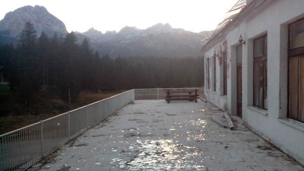 The front porch of Hotel Durmitor in Zabljak Montenegro 