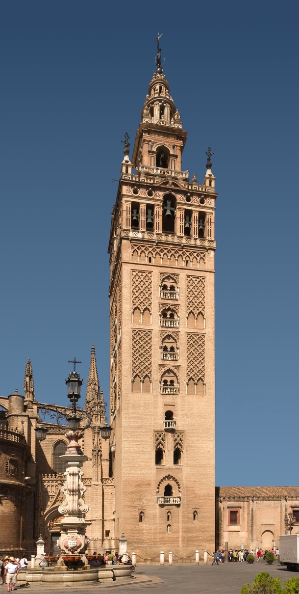 The Giralda built as the minaret for the Great Mosque of Seville it became the bell tower of the Seville Cathedral after the reconquest of the city by the catholics