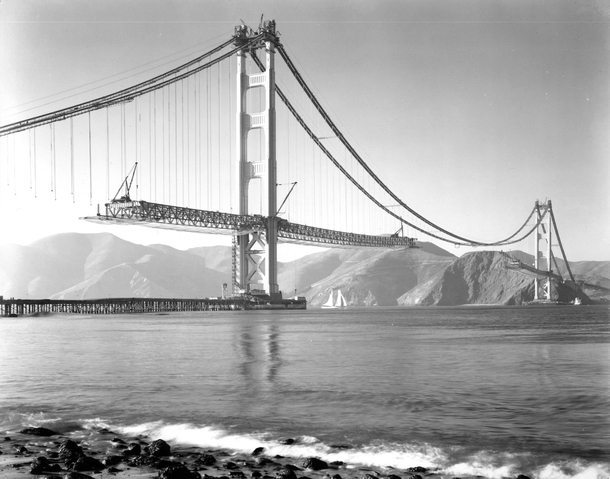 The Golden Gate Bridge nearing completion in  
