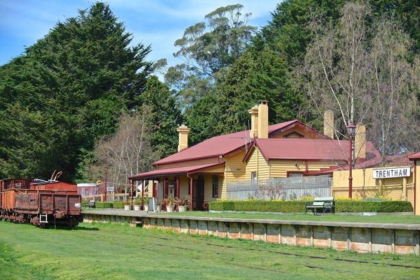The historic railway station in the former logging town of Trentham is now a weekend visitor information centre the area is today known for potato farming Victoria Australia 