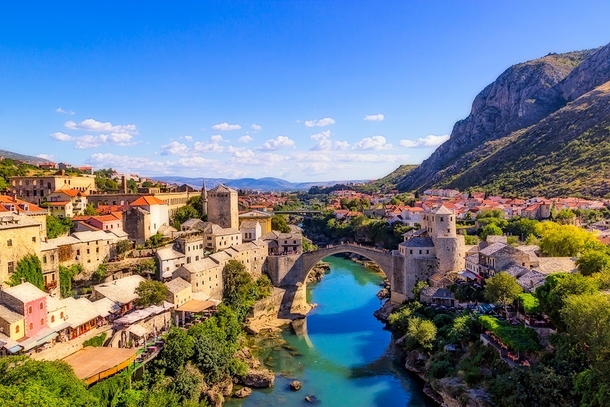 The historic town of Mostar built along the Neretva River in Bosnia and Herzegovina 