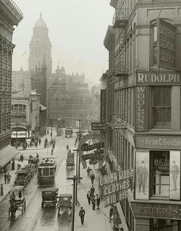 The intersection of Farmers and Monroe streets in Detroit circa  The tower in the distance is the old Wayne County Courthouse and the building on the far left is Crowleys Department Store