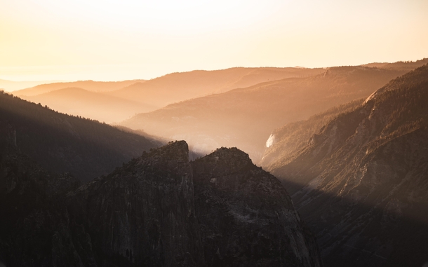The last light across the valleys of Yosemite from Taft Point 