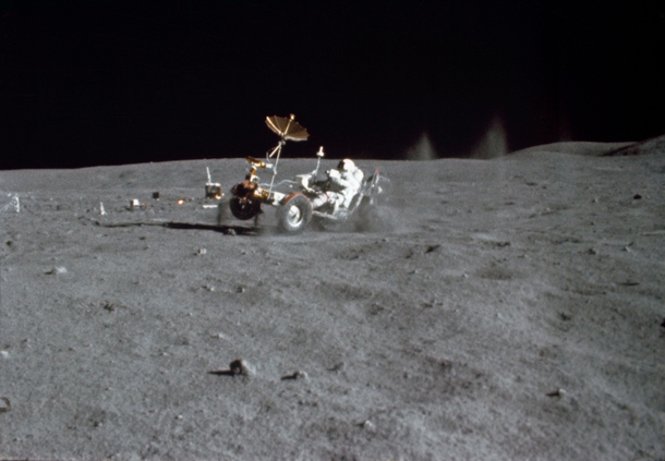 The Lunar Roving Vehicle LRV gets a speed workout by astronaut John W Young in the Grand Prix run during the first Apollo  extravehicular activity EVA at the Descartes landing site May   