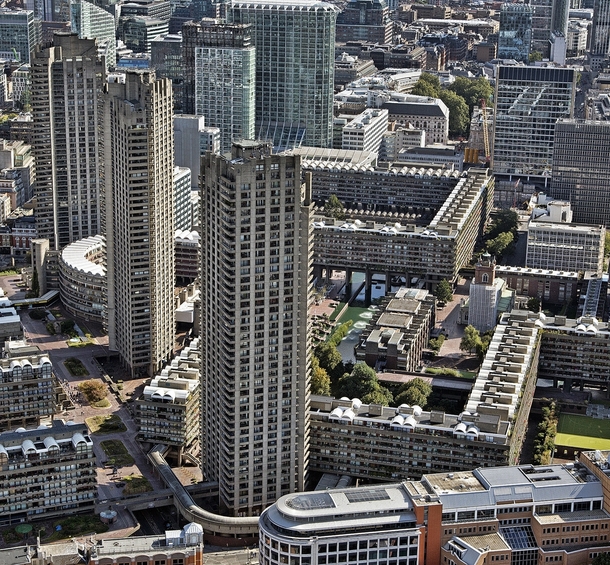 The massive brutalist structures of Barbican Centre City of London London United Kingdom 