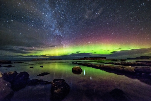 The Milky Way and Northern Lights by Stian Rekdal Vigra Island Norway 