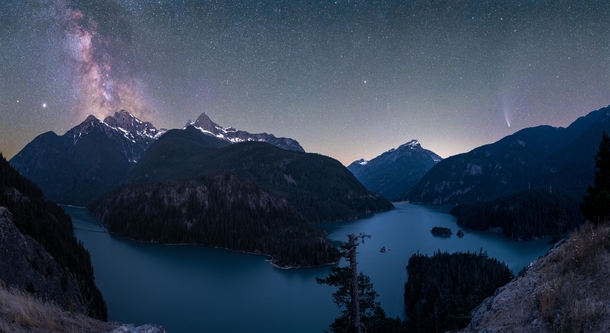 The Milky Way core and Comet Neowise over Diablo Lake Washington 