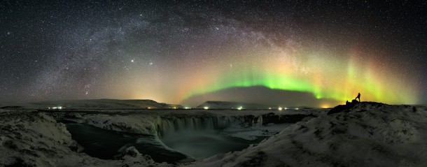 The Milky Way Jupiter Andromeda and aurora borealis over Icelands Godafoss 
