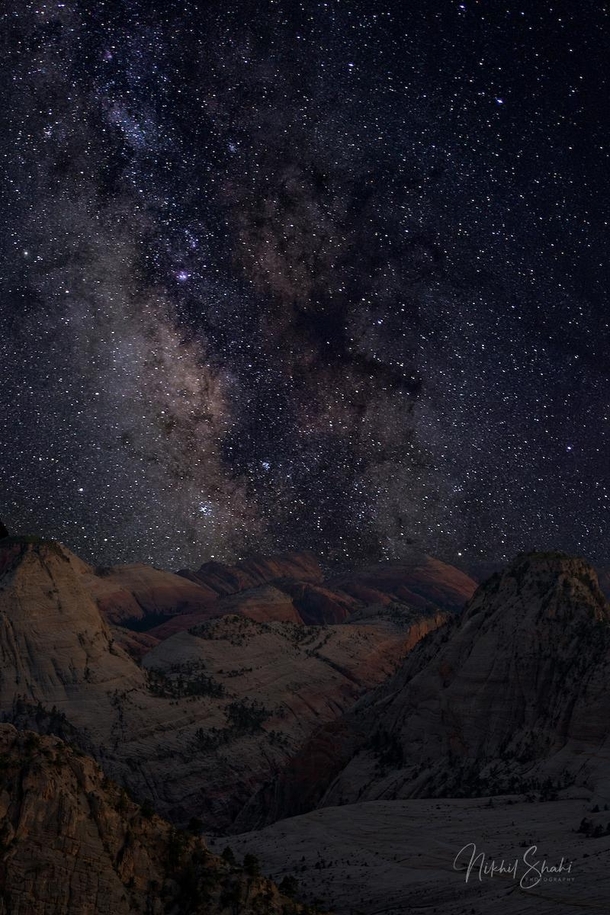 The Milky Way over the Zion Wilderness It was a  mile one-way hike to get to this location but totally worth it I started my hike around  hours before sunset to get to this point The hike out at  AM through the forest and meadows was nerve-wracking  Nikon