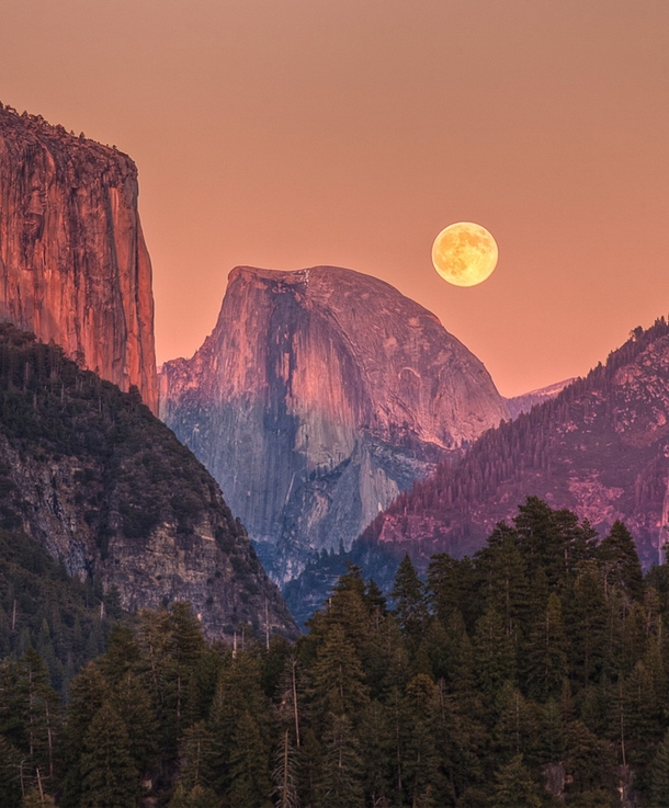 The moon hangs low over Yosemite CA  Photographed by Jeff Sullivan