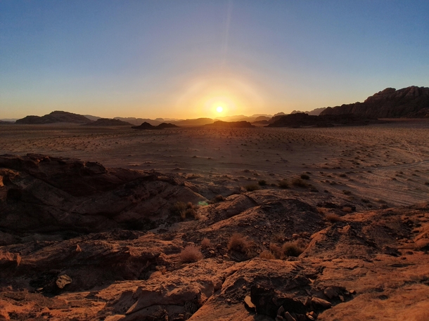 The most perfect sunset ive ever seen on our trip to the Wadi Rum desert of Jordan Sorry for the quality 