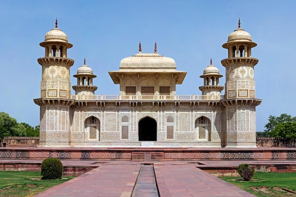 The Mughal white marble mausoleum of Itimd-ud-Daulah in the city of Agra India It is often regarded as a draft of the Taj Mahal