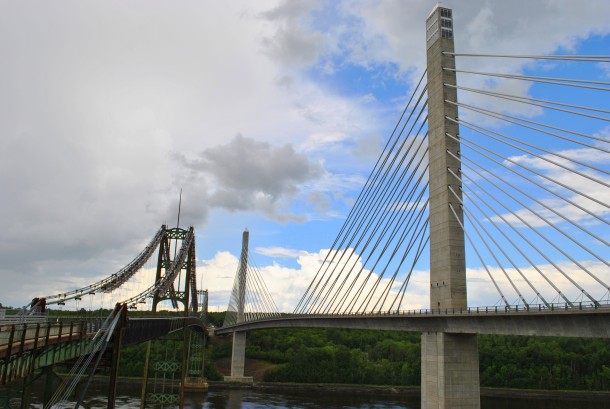 The new Penobscot Narrows Bridge with the old Waldo-Hancock Bridge on the left near Bucksport Maine 