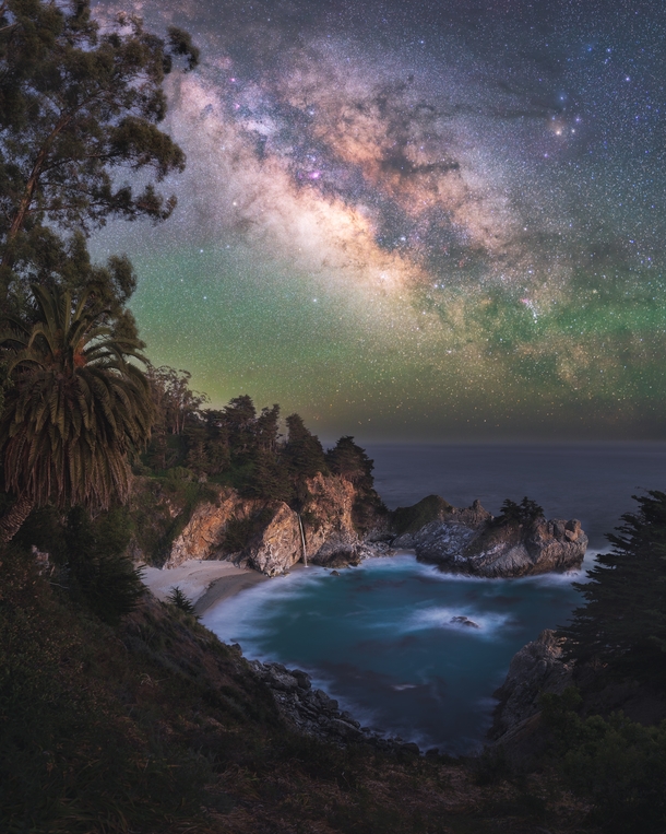 The night sky over one of the most beautiful places Ive had a chance to visit - McWay Falls on the Big Sur coast in California 