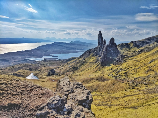 The Old Man of Storr and his family commanding the landscape on the Isle of Skye Scotland 