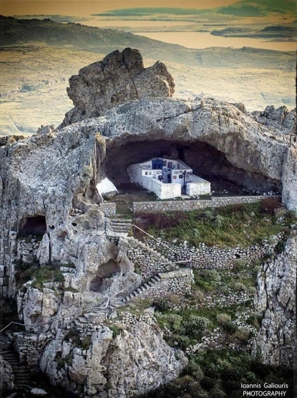 The only church in the world without a roof - Panagia Kakaviotissa - built into the cave of mountain Kakavos on Lemnos Island in Greece The first chapel here was constructed in 