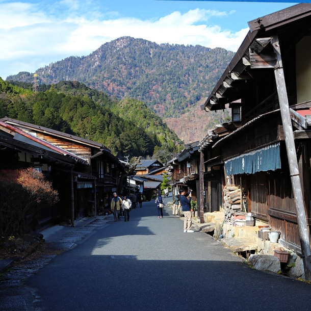 The quiet main street of an old Edo-era post town called Tsumago-juku in the Nagano prefecture Japan 
