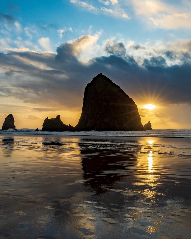 The rain stopped and the sun broke through at sunset - Cannon Beach Oregon 