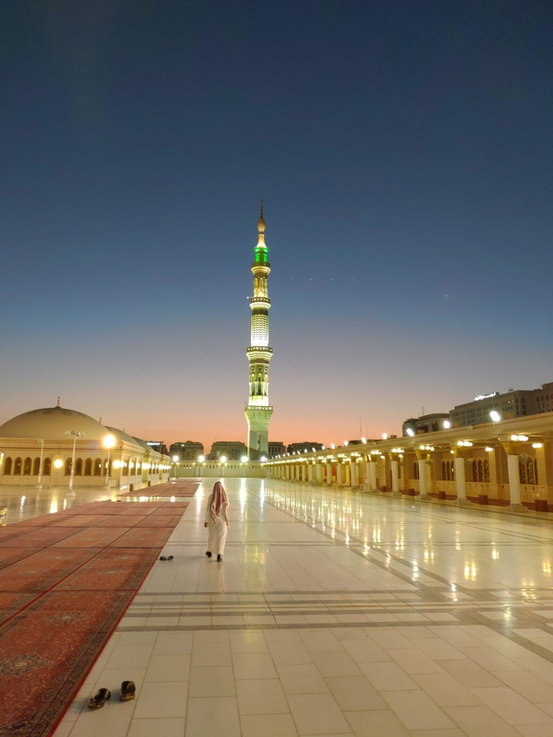 The roof of Masjid-Al-Nabwi Prophets Mosque moments before sunset Medina Saudi Arabia 