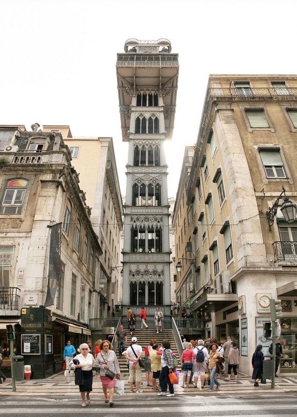 The Santa Justa Elevator in Lisbon built in  by the Portuguese engineer Raoul Mesnier du Ponsard who was once a student of the great iron craftsman Gustave Eiffel 