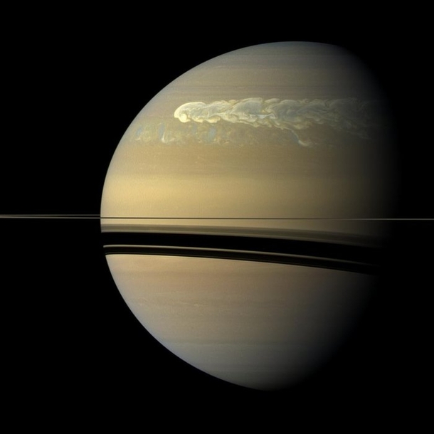 The Saturns massive storms occur once every Saturnian year once every  Earth years They are known as Great White Spots Scientists are not yet sure why Saturn behave this way Pic NASAJPL-CaltechSSI 